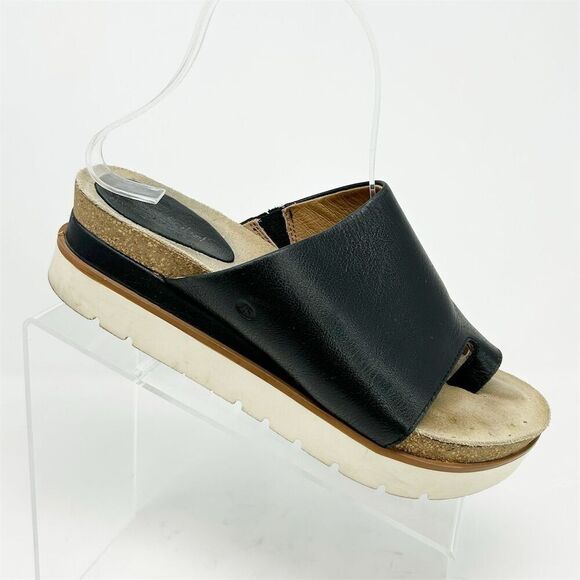 Josef Seibel Black Leather Wedge Toe Loop Sandals Size 38 Cushioned Footbed - Picture 1 of 13